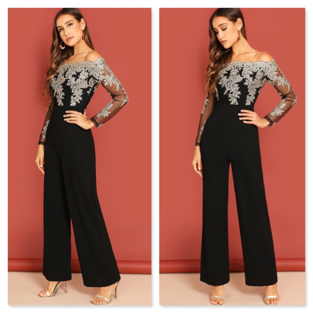 Gold Embroidery on Mesh Black Jumpsuit - Picture 4 of 9